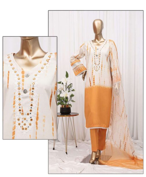 Cotton Tie-Dye & Mirror Work Kurti Set with Trouser and Dupatta – 3-Piece Ensemble