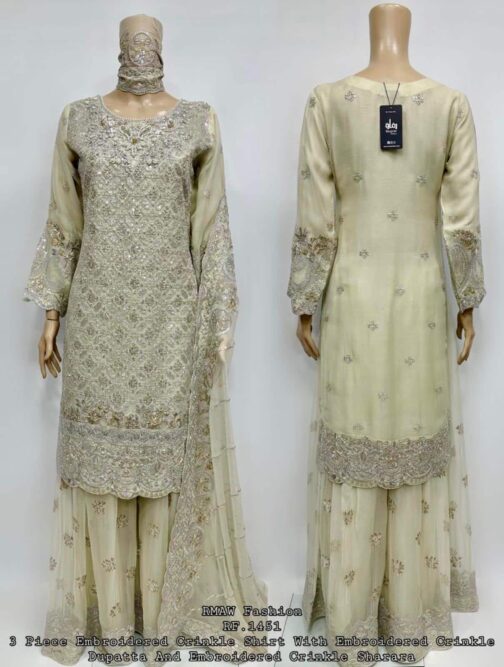 Heavy Embroidered Chiffon Kurti with Gharara and Embroidered Dupatta – 3-Piece Set